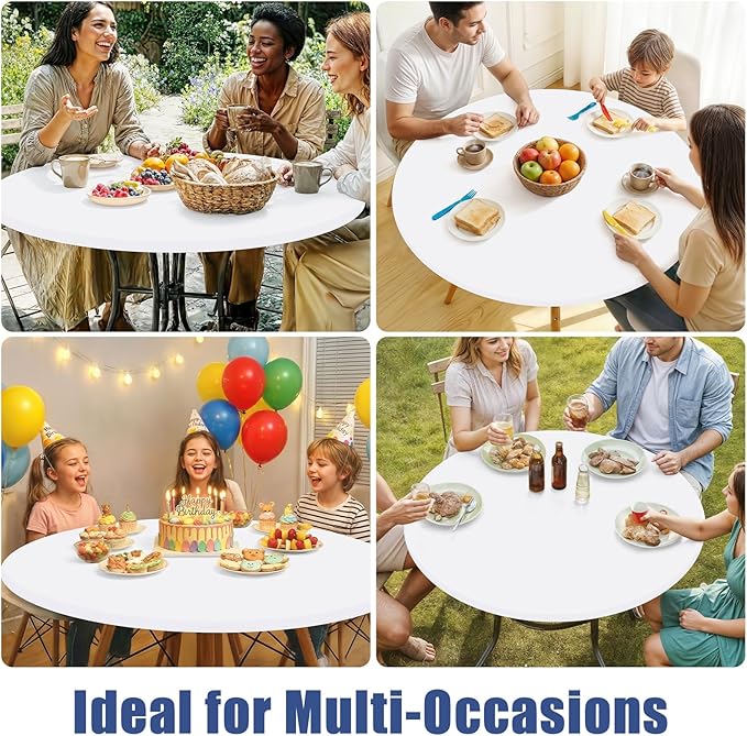 Round Spandex Tablecloth, Elastic Fitted Waterproof Tablecloths for 45"-56" Tables, Stretch Washable Picnic Table Cover for Camping, Dining, Indoor and Outdoor, White