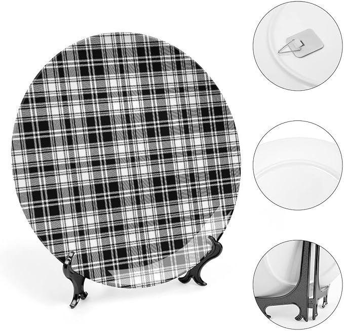 Decorative Plates, Abstract Decor Print Ornament, British Tartan Stripes Pattern, 10 Inch, 1 Plate with 1 Display Stand, Black White