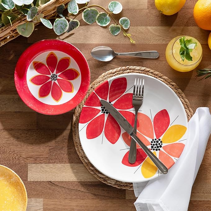 Larder & Vine 12-Piece Melamine Dinnerware Set: Durable, Lightweight, Break-Resistant Plates & Bowls – Stylish, Non-Toxic, Dishwasher Safe – Ideal for Everyday Use, Indoor & Outdoor Dining – Floral