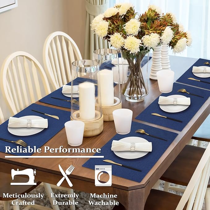 Cloth Placemats Set of 6, Cotton Linen Blend Machine Washable Double Layered Durable Place Mats Heat Resistant Placemats Wrinkle Free Thick Fabric Dining Table Mats (Navy Blue, 6)