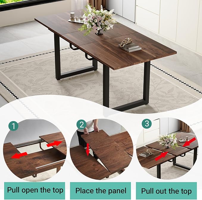 Extendable Dining Table Set for 6, 55"–71" Modern Wood Kitchen Table with 6 Upholstered Chairs, Space-Saving for Living Room Apartment, Sturdy & Comfortable, Easy Assembly