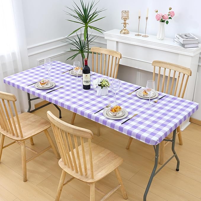 Smiry Rectangle Picnic Table Cloth, Elastic Waterproof Fitted Vinyl Tablecloths, Flannel Backed Buffalo Plaid Table Covers for Dining, Camping, Outdoor (White and Purple, 30" x 48")