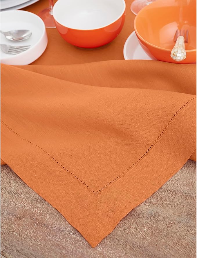 Solino Home Linen Tablecloth 60 x 132 Inch - Classic Hemstitch 100% Pure Linen Pumpkin Table Cloth for Rectangle Tables - Machine Washable Tablecloth