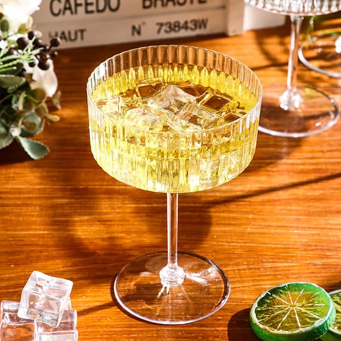 6 Pcs Ribbed Martini Glasses 10 oz Disposable Plastic Vintage Ribbed Coupe Glasses Unbreakable Dessert Parfait Glassware for Wedding Birthday Party Supplies (Clear)