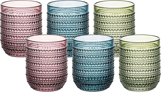 Colored Vintage Hobnail Glasses, 12 oz Drinking Tumblers Set of 6, Textured Glassware, Lead-Free Water Juice Cocktail Cups (2×Red, 2×Blue, 2×Green)