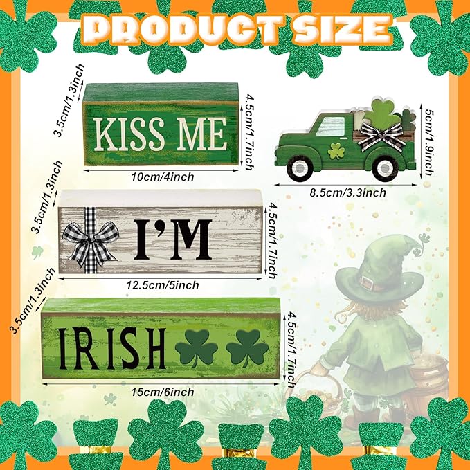 4 Pcs St Patricks Day Decorations Lucky Shamrock Wooden Sign Truck Table Centerpiece St Patricks Day Tiered Tray Decor Decorative Faux Book Stack Block for Fireplace Mantel Floating Shelf