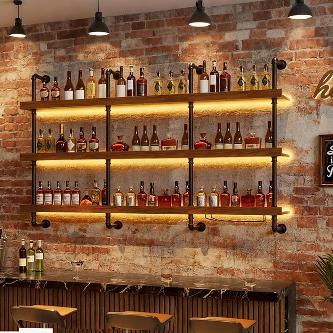 39.7in Large Wine Rack with LED Light Solid Wood Wall Mounted Wine Rack, 3-Tiers Liquor Bottles Floating Shelves Display Storage Organizer for Home Bar & Dining Room (100cm/39.7in)