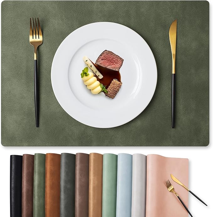 MOSAYT Vinyl Placemats Set of 4-12 X 17 Inch - Faux Leather 100% Waterproof Oil-Proof Wipeable PU Place Mats, Heat Resistant Reversible Table Mats for Kitchen, Dining, Outdoor (Olive Green)
