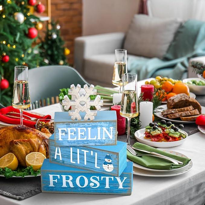 4 Pcs Winter Wooden Tabletop Decor Christmas Snowflake Tiered Tray Decor Rustic Wood Block Sign Gift Winter Centerpiece for Shelf Office Farmhouse Table Frozen Birthday Party Decoration