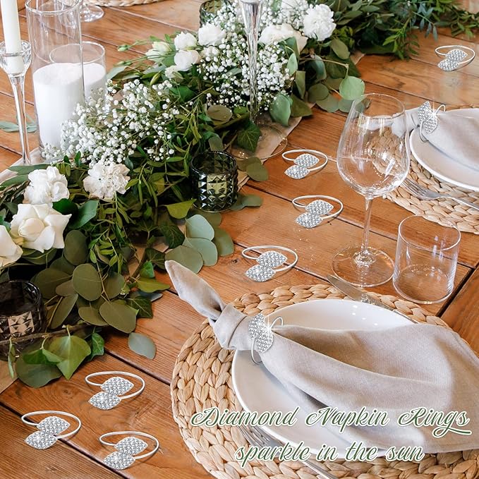 Hotop 100 Pcs Silver Holiday Napkin Rings Set Silver Bling Winter Napkin Rings Bulk Metal Leaves Holders Rhinestone Buckle for Wedding Christmas Dinner Gather Party Prom Table Decoration