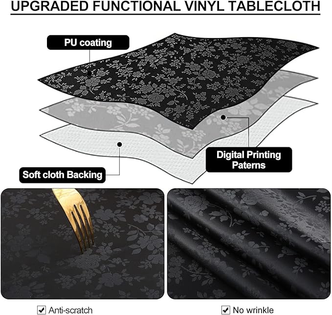 Smiry Rectangle Table Cloth, Waterproof Heavy Duty Vinyl Tablecloths, Wipeable Washable Table Cover for Kitchen and Dining Room (Black, 70" X 120")