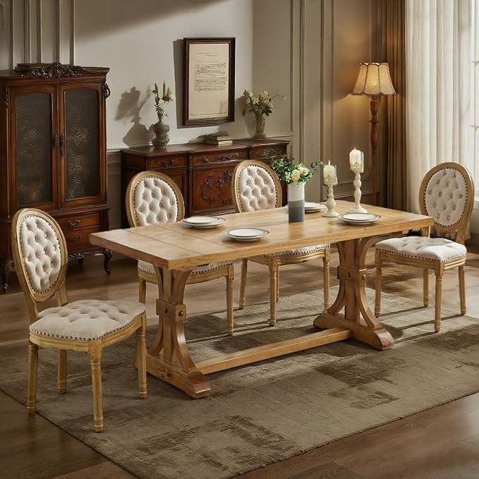 SoarFlash French Velvet Dining Chairs Set of 4, Vantage Dining Chair with Round Back, Wood Leg Farmhouse Country Dining Chair for Kitchen,Bedroom,Beige