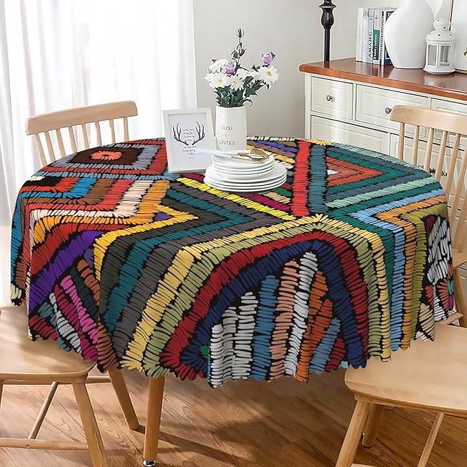 Laeacco 70 Inch Colorful Patchwork Round Tablecloth Woven Geometric Pattern Abstract Art Print Table Cloth Washable Waterproof Wrinkle Free Table Cover for Kitchen Dining Picnic Party Decoration