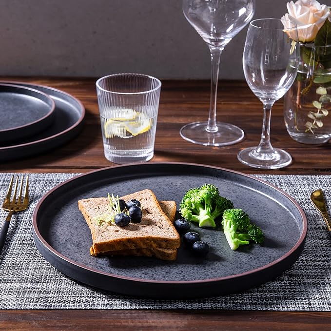 LERATIO Ceramic Dinnerware Sets for 6, High Edge Stoneware Plates and Bowls Set, Chip and Crack Resistant | Oven & Dishwasher & Microwave Safe Dishes Set, Service for 6 -Ashen