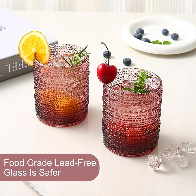 Vintage Glassware Drinking Glasses Set of 6,12 oz Hobnail Glass Cups,Embossed Purple Water Tumbler,for Beer,Cocktail,Whiskey,Juice and Various Mixed Drinks- 1 Cleaning Brush