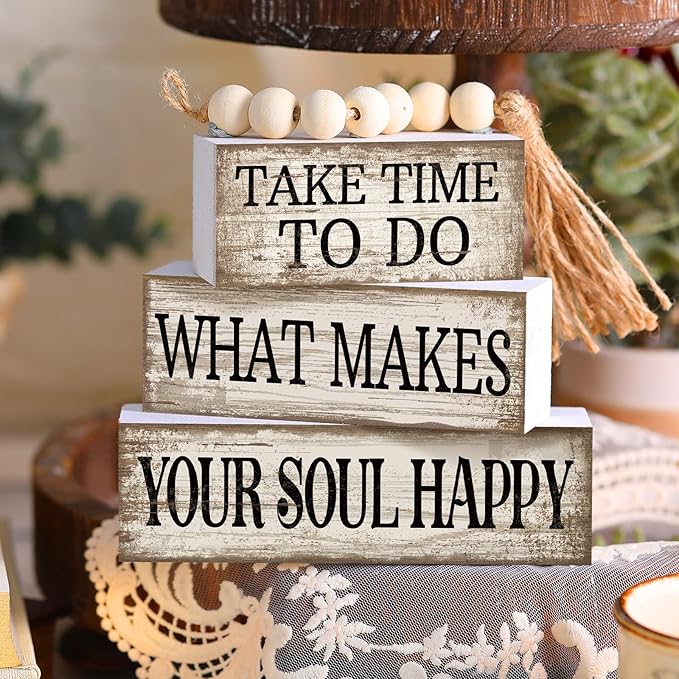 4 Pcs Farmhouse Tabletop Decoration Inspirational Farmhouse Tiered Tray Decor Rustic Retro Wood Bead Garland Take Time to Do What Makes Your Soul Happy Block Centerpiece Sign for Home Shelf