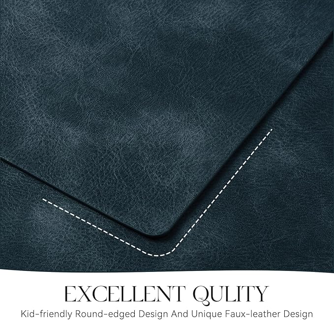 MOSAYT Vinyl Placemats Set of 6-12 X 17 Inch - Faux Leather 100% Waterproof Oil-Proof Wipeable PU Place Mats, Heat Resistant Reversible Table Mats for Kitchen, Dining, Outdoor (Navy Blue)
