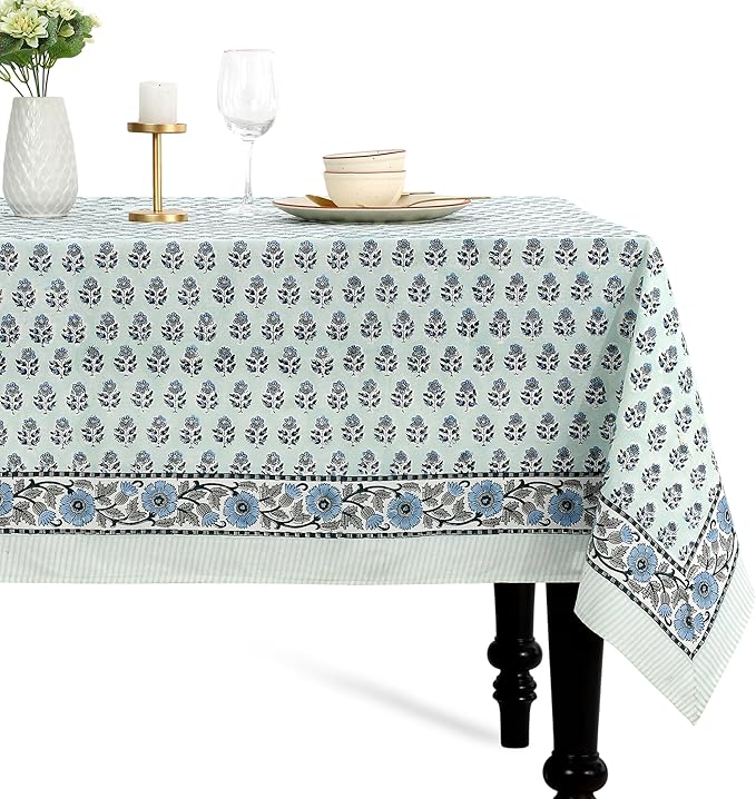 CPC Tablecloth 100% Cotton 70x118 Inch Indian Block Print Rectangle Table Cover, Washable Table Cloth for Weddings, Spring/Summer, Barbeque - Poppy Blue