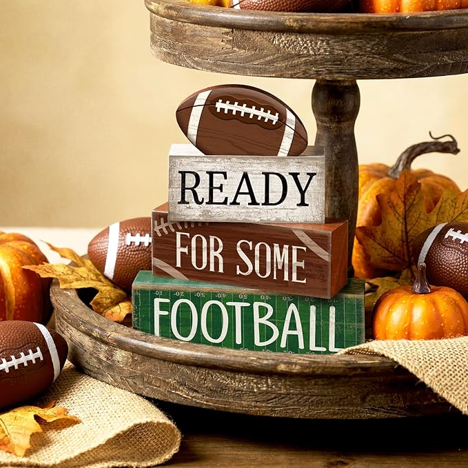 4pcs Football Christmas Table Decoration Happy Football Wooden Block Sign Rugby Tiered Tray Decor Centerpiece Decorative Faux Book Stack for Holiday Tabletop Fireplace Shelf Desk Party Decor
