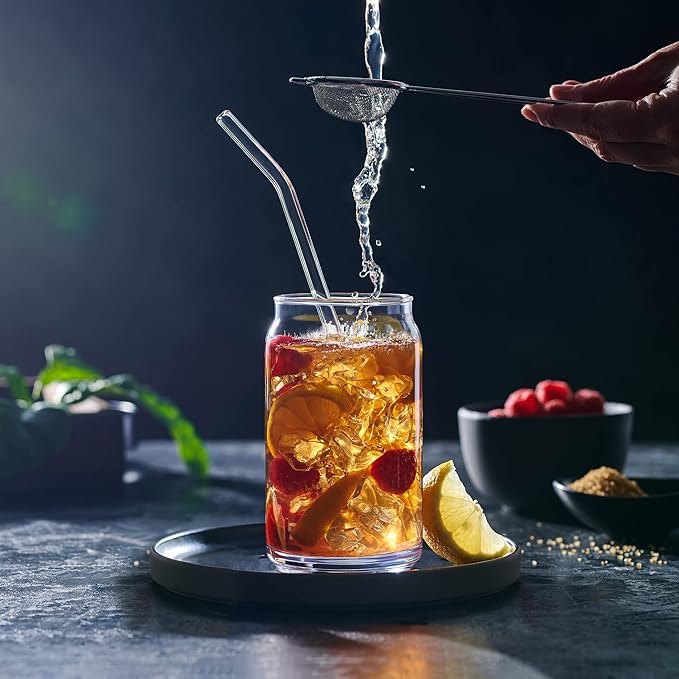 Le'raze Set of 4 Patented Can Shaped® Drinking Glasses with Glass Straws - 16oz Iced Coffee & Tea Glass Cups, Clear Whiskey Soda Tumblers, Beer Glasses.