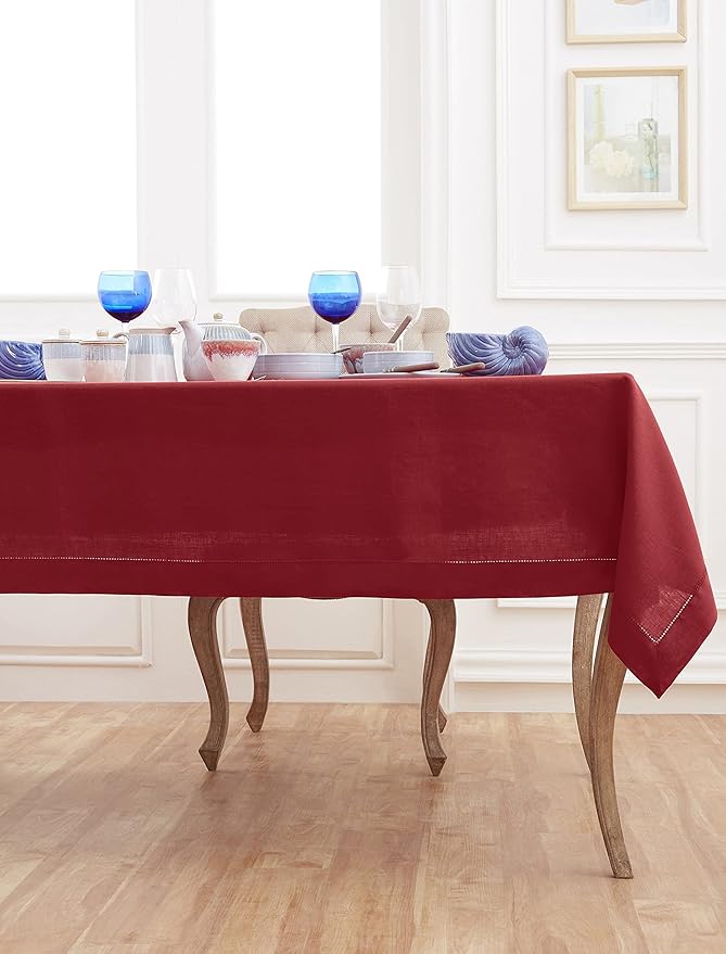 Solino Home Linen Red Tablecloth 60 x 90 Inch - Classic Hemstitch, 100% Pure Linen Rectangular Tablecloth - Machine Washable Table Cloth for Valentines, Winter