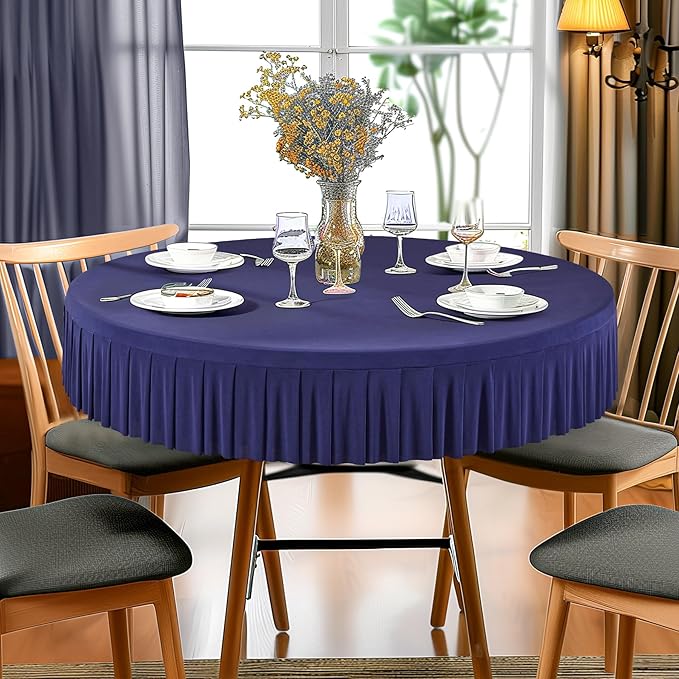 6 Pack Navy Blue Spandex Round Tablecloths for 60 Inch Tables - Stretchy Fitted 5FT Cloths, Wrinkle-Free Cover With Skirt for Wedding, Party, Dining, Banquet