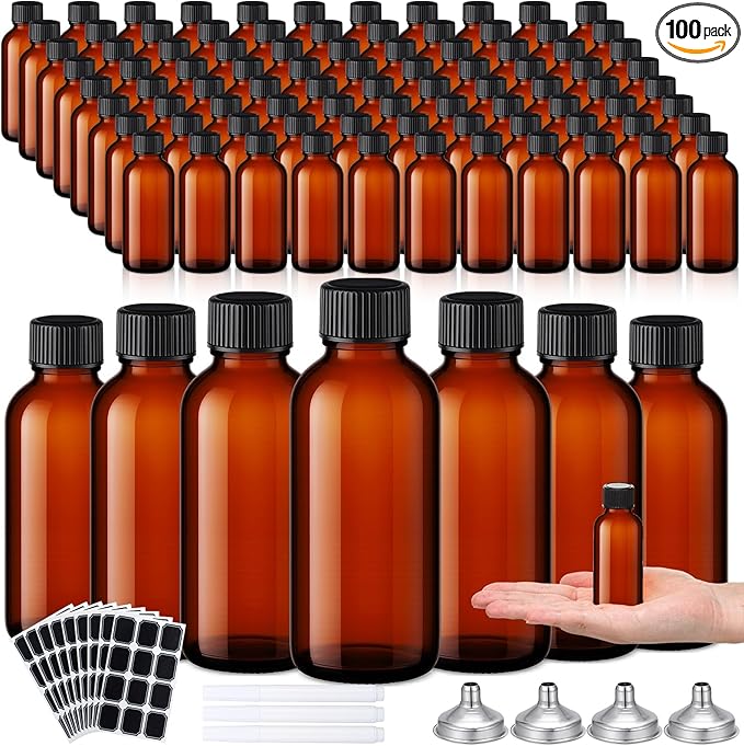 Hsei 100 Pcs 1.7 oz Amber Glass Boston Round Bottles with Black Cap Brown Sample Bottle Small Glass Containers with Lids and Funnel Chalk Labels Pen for Vanilla Extract Essential Oils