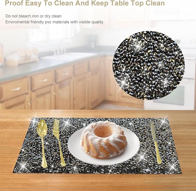 Black Placemats Heat Resistant Square Mat Set of 8 - Dark Trivets With Rhinestone Decor, Crushed Diamond Bling Sparkly Place Mat