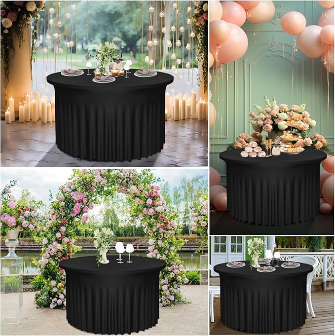 2 Pack Black Round Table Skirt, 60 Inch Diameter x 30 Inch Height, Stretch Polyester Spandex Tablecloth for 5ft Round Tables, Stain & Wrinkle Resistant for Wedding, Party, Banquet Decor