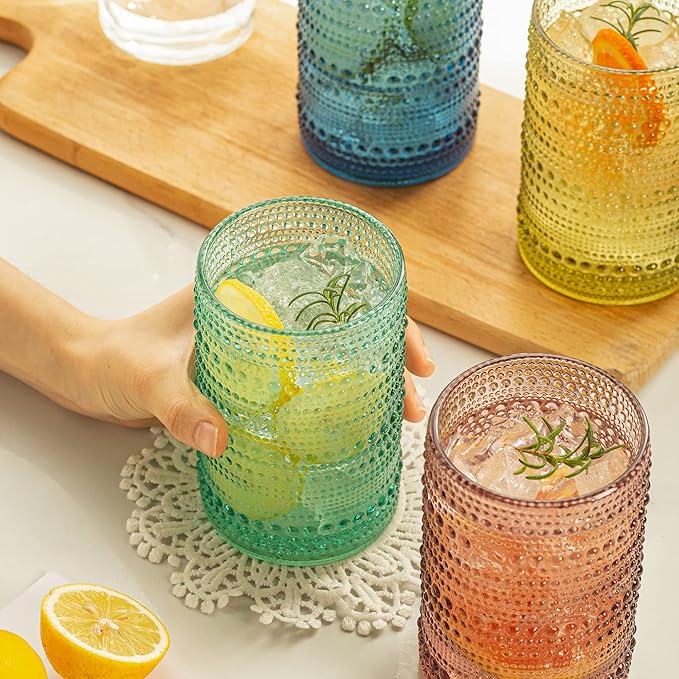 Vintage Glassware Set - 4pcs Multicolor 15.2oz Hobnail Drinking Glasses for Beer, Cocktail, Soda & Juice - Embossed Old Fashioned Glassware with Four Unique Colors