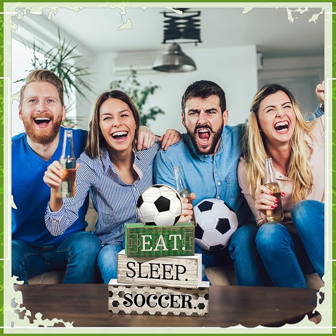 4 Pcs Soccer Wooden Tabletop Decor Soccer Tiered Tray Decor Rustic Wood Block Sign Gift Centerpiece Farmhouse Table Sign for Home Boys Room Office Shelf Birthday Party