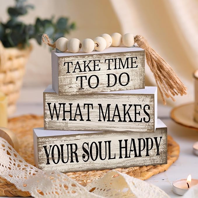 4 Pcs Farmhouse Tabletop Decoration Inspirational Farmhouse Tiered Tray Decor Rustic Retro Wood Bead Garland Take Time to Do What Makes Your Soul Happy Block Centerpiece Sign for Home Shelf