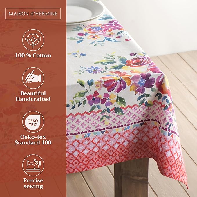 Maison d' Hermine Table Cloth Rectangle Table 100% Cotton 60 x 108 Inches Tablecloth Reusable Decorative for Dining Room Farmhouse Home Valentines Day Decorations Spring Summer - Rose Garden
