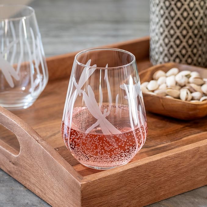 Rolf Glass Dragonfly Stemless Wine Glass 18oz - Tumbler Wine Glasses Set of 2 – Made in the USA - Etched Stemless Wine Glasses -(Set of 2)