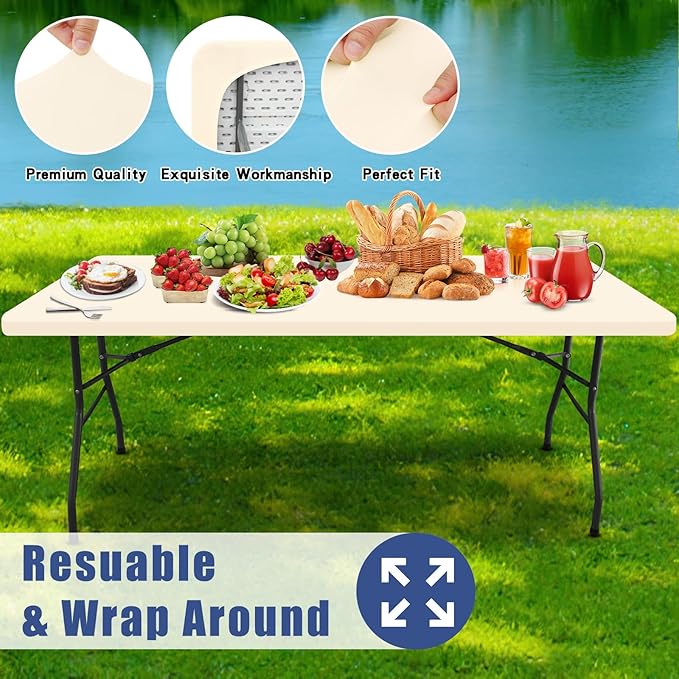 Spandex 4 Foot Rectangle Table Cloth 2 Pack, Elastic Fitted Tablecloths for Picnic, Stretch Washable Patio Table Cover for Outdoor, Camping, Banquet and Parties (Champagne, 30"x48")