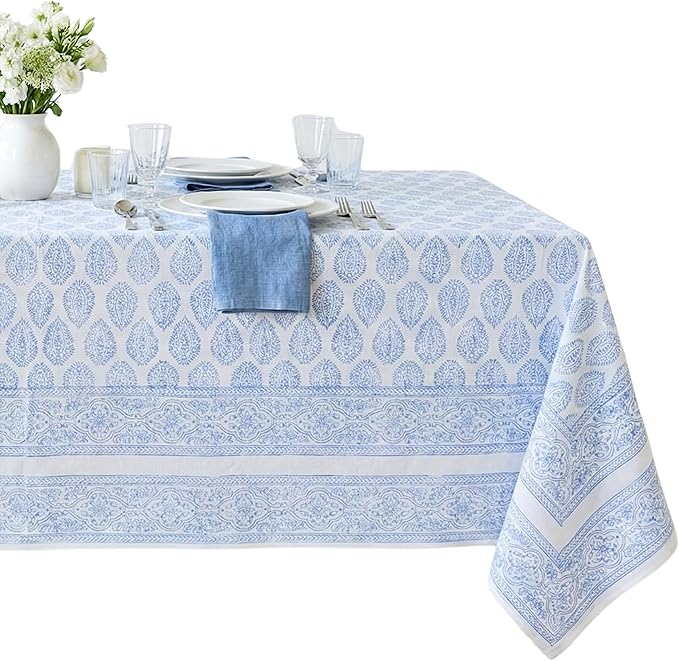 ATOSII Amalfi Blue 100% Cotton Boho Rectangle Fall Tablecloth, Handblock Print Table Cloth for Kitchen I Dining Table Linen Fall Décor I Parties Wedding Outdoors Summer I 72 X 108 Inches I 8 Seater