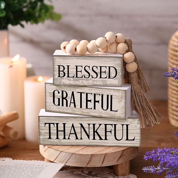 4 Pcs Farmhouse Wooden Tabletop Decor Farmhouse Tiered Tray Decor Rustic Retro Wood Bead Garland Blessed Grateful Thankful Block Sign Neutral Centerpiece Sign for Home Office Shelf Mantle