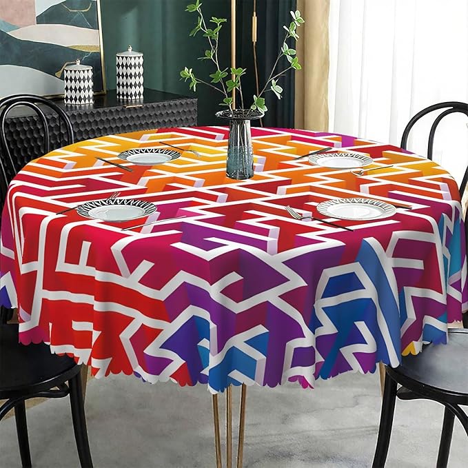 Laeacco 54 Inch Maze Round Tablecloth Colorful Labyrinth Texture Modern Geometric Abstract Art Print Table Cloth Washable Waterproof Wrinkle Free Table Cover for Kitchen Dining Picnic Party Decor