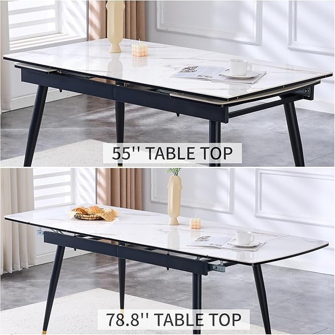 Extendable Dining Table Set for 6, 55'' to 78.8'' Rectangular Thickened Sintered Stone Kitchen Table with 6 Upholstered Chairs, Modern Space Saving 7-Piece Dinner Table Set