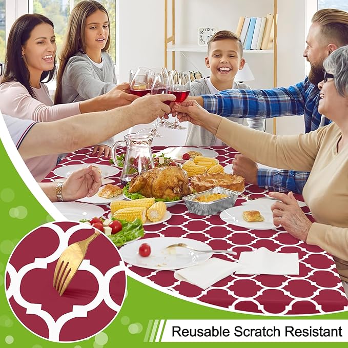 Smiry Round Plastic Table Cloth, Waterproof Vinyl Tablecloth with Flannel Backing for Round Tables, Wipeable & Spillproof for Dining, Camping, Indoor and Outdoor (60" Round, Burgundy)
