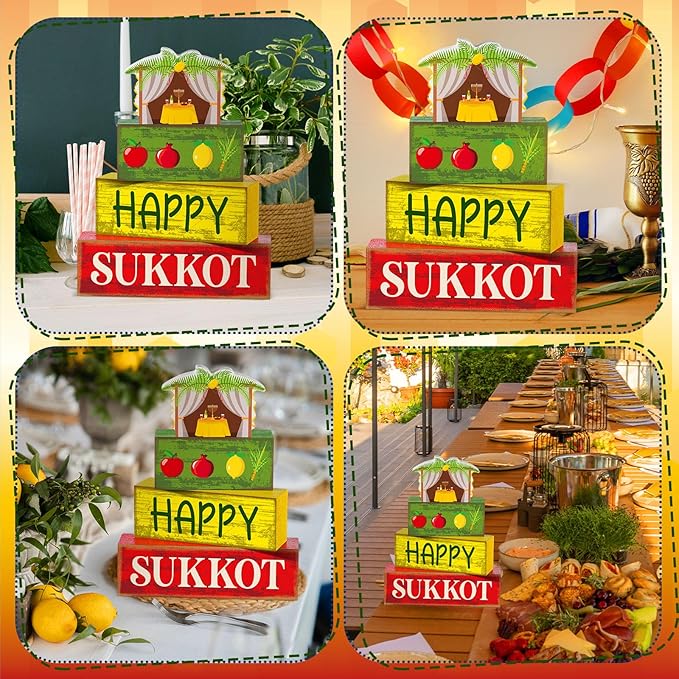 4 Pcs Happy Sukkot Table Decorations Sukkot Centerpieces for Tables Wooden Tabletop Party Decorations Rustic Block Sign for Tiered Tray Shelf Office Jewish Holiday Celebration Supplies