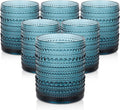 Vintage Glassware Drinking Glasses Set of 6,12 oz Hobnail Glass Cups,Embossed Blue Water Tumbler,for Beer,Cocktail,Whiskey,Juice and Various Mixed Drinks- 1 Cleaning Brush