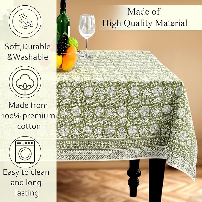 CPC Olive Bloom Tablecloth 100% Cotton 70x108 Inch Indian Block Print Rectangle Table Cover, Table Cloth for Gifting in Weddings, Halloween, Fall, Christmas, Thanksgiving