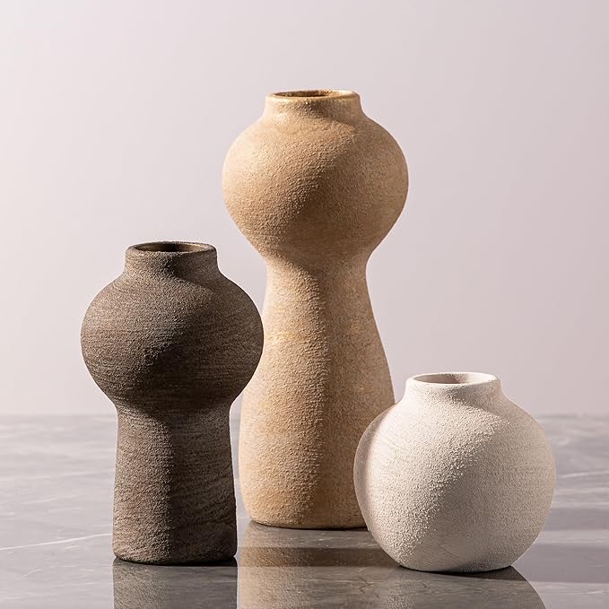 Ceramic Vase Home Table Decor - Flower Vase Set of 3 Living Room Kitchen Decorations Farmhouse Modern Rustic Vases Decorative Centerpiece for Shelf Bedroom Office Bathroom Dining Coffee Desk