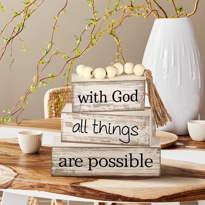 4 Pcs Farmhouse Wooden Tabletop Decor Farmhouse Tiered Tray Decor Rustic Retro Wood Bead Garland with God All Things are Possible Block Sign Neutral Centerpiece Sign for Home Shelf Mantle