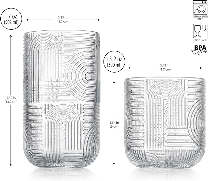 Glaver's Urban 8-Piece Premium Textured Glassware Set. 4 Highball 17oz Drinking Glasses and 4 DOF 13.2 oz Whiskey Glass Tumblers – Elegant Ribbed Arch Textured Design for Water, Juice, Cocktails.