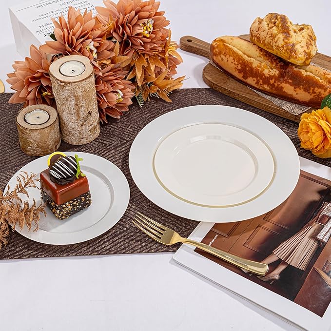 I00000 102 Pcs Ivory Plastic Plates, Disposable Party Plates Include 51 Ivory Dinner Plate 10’’ and 51 Plastic Dessert Plate 7’’ Perfect for Birthday, Party & Wedding