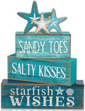 4 Pcs Summer Table Decorations Beach Tiered Tray Decor Starfish Coastal Rustic Wooden Block Sign Stacked Book Nautical Table Centerpiece for Farmhouse Home Living Room Office Desk Shelf Mantel