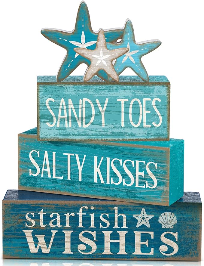 4 Pcs Summer Table Decorations Beach Tiered Tray Decor Starfish Coastal Rustic Wooden Block Sign Stacked Book Nautical Table Centerpiece for Farmhouse Home Living Room Office Desk Shelf Mantel