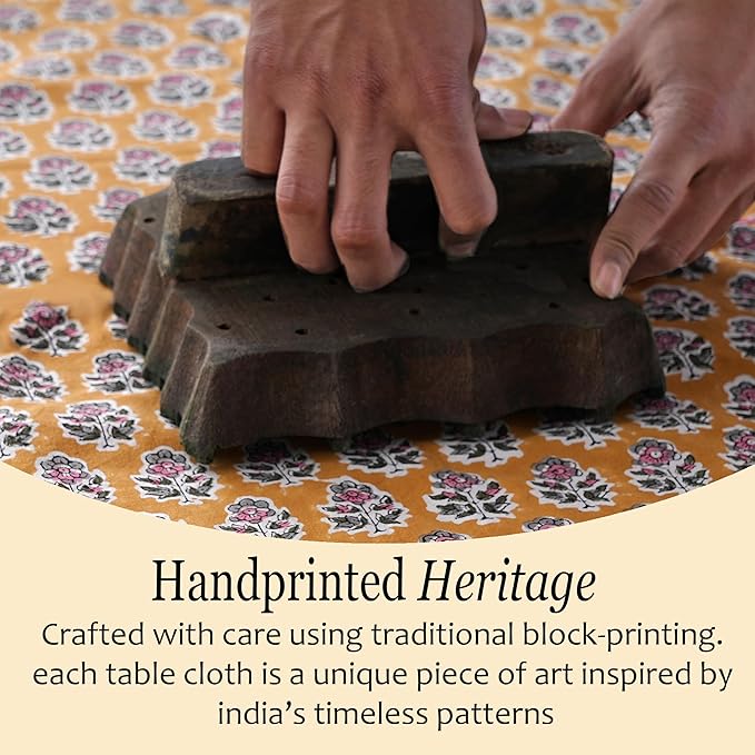 CPC Tablecloth 100% Cotton 70x118 Inch Indian Block Print Rectangle Table Cover, Table Cloth for Weddings, Spring/Summer, Barbeque - Yellow Citrine